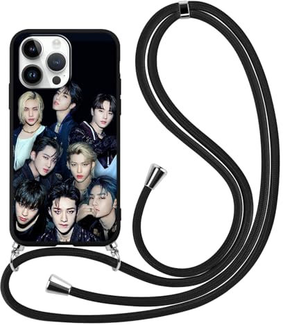 Lanyard Handyhülle für Samsung Galaxy A34 5G 6.6 Hülle mit Band, Kpop Stray Kids Skzoo Muster Design Case mit zum Umhängen Kordel, Silikon Stoßfest TPU Schutzhülle Cover für Skz Fans, Schwarz