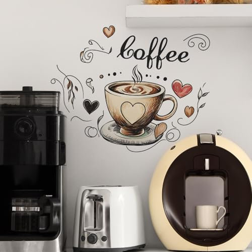 HGDESIGN® Wandtattoo Wandaufkleber Kaffeekanne Kaffeetasse Kaffee Zeit Coffeetime Herz Wandsticker Wanddeko für Küche Esszimmer (E)