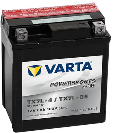 Batteria Moto Varta POWERSPORTS AGM 506 014 010-12v - 6 Ah - Spunto 100 A - TX7L-BS (TX7L-4) - YTX7L-BS - FTX7L-BS - 114 mm - 71 mm - 131 mm