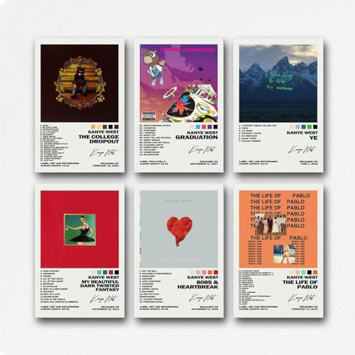 FVLYRWMQX A Set Of 6 Kanye Poster West Music Rapper Album Cover Poster Für Zimmer, Ästhetische Leinwand-Wandkunst, Schlafzimmer-Dekor Poster 08x12inch(20x30cm)