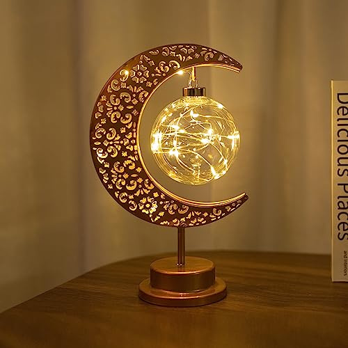 XVICO Moon Table Lamp LED Enchanted Lunar Light Battery Operated Ramadan Decorations Moon Star Night Light for Home Bedroom Retro Style Eid Mubarak Party Decor