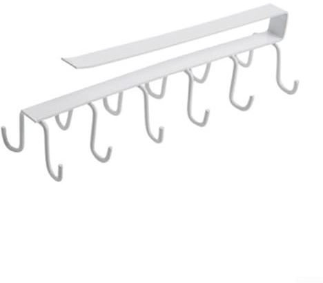 Under Shelf Cup Rack Organizer No Screws Kitchen Cabinet Storage Hooks for Cups and Utensils Metal Slide-On Hanging Rack for Kitchen and Wardrobe Organization 25.5x8x7cm Iron Construction(White)