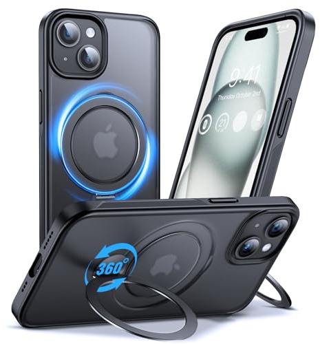 Anqrp 360° All-in-One-Ständerhülle für iPhone 15 Hülle mit Rotierbarem Magnetischem Ständerringhalter, Kompatibel mit MagSafe, Matt Stoßfeste MIL-Grade-iPhone 15 Case 6,1 Zoll, Dunkelgrau