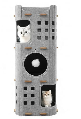 Niche pour chat à 3 étages en feutre, maison d'intérieur avec balle de jeu, 90 x 37 x 37 cm, pliable poreux, lit pour dormir, jouer, se cacher, résistant à l'hiver, amovible, nid confortable pour