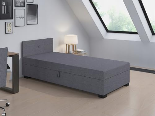 TAPCZANY24 - Boxspringbett Lola 120x200 cm mit Schaumstoff Matratze | Bett mit Matratze, Polsterbett mit Bettkasten, Gepolstertes Einzel Bett, Schlafsofa - Grau