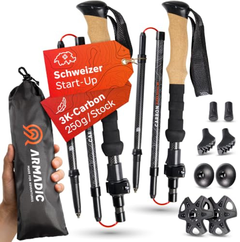 Armadic® Wanderstöcke faltbar Carbon & Aluminium (nur 240g/295g) Korkgriff | Ultraleicht & stufenlos verstellbar, Trekkingstöcke, Walking Stöcke für Nordic Walking, 115-135cm / 100-120cm, Damen & Herren