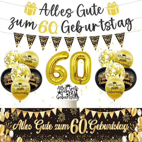 Afritee 60 Geburtstag Deko Mann Frau, 19 Stück Schwarz Gold Banner Girlande Luftballons Tortendeko Hintergrund, Riesen Folienballon Zahl 60 Alles Gute Zum 60. Geburtstag Party Deko