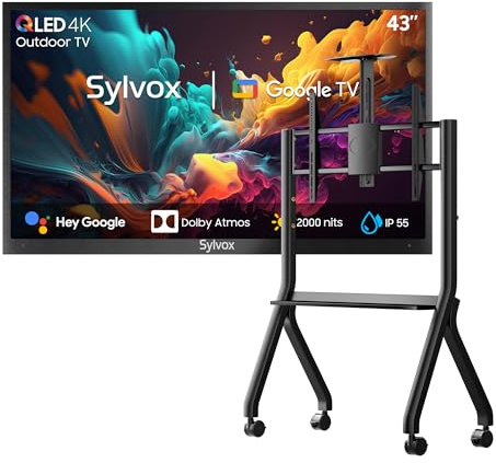 SYLVOX 43 TV da Esterno con Copertura & Supporto Televisore con Ruote, QLED 4K UHD 2000Nits, Smart Google Outdoor TV - IP55 Impermeabile, Dolby Audio, WiFi, Bluetooth (Pool Pro 2.0 QLED)