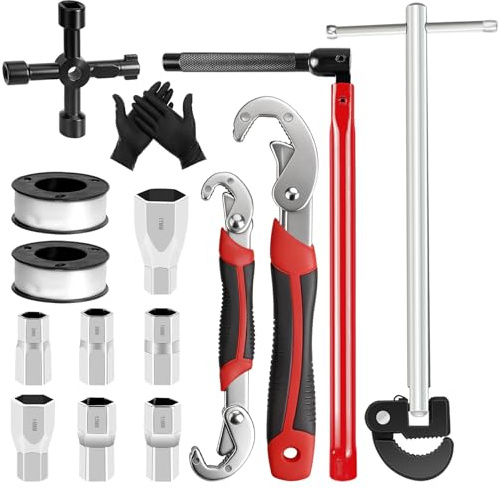 QUOTRE 15pcs Plumbing Spanner Set, 8-17mm Tap Spanner (for Tight Space), Sink Wrench & Basin Wrench, Monoblock Tap Spanner Set with Adjustable Wrench for Bathroom Kitchen Faucet, Basin & Car Repairs