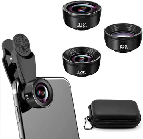 Auricase Mobile Phone Camera Lenses, 3 en 1 Lentes para móvils, 120° Gran Angular Lente, 25X Macro, 210° Ojo de pez, Objetivo para Todos los Smartphones