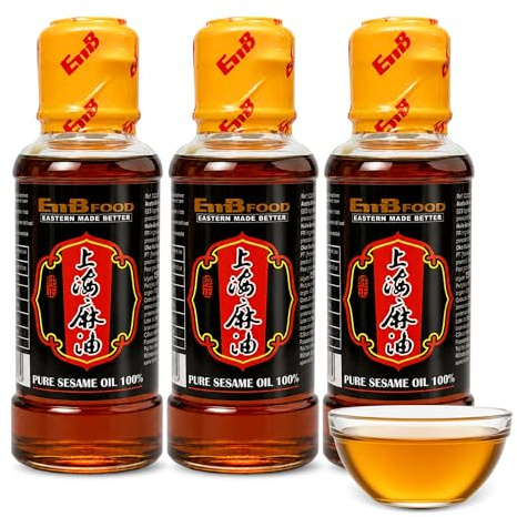 Aceite de Sésamo puro y Natural, Producido en China, ideal para Wok, Ramen, Sushi, noodles, arroces, Verduras y Ensaladas, 100% tostado sésamo, Recipiente de cristal, Contiene 3 botella de 150 ml