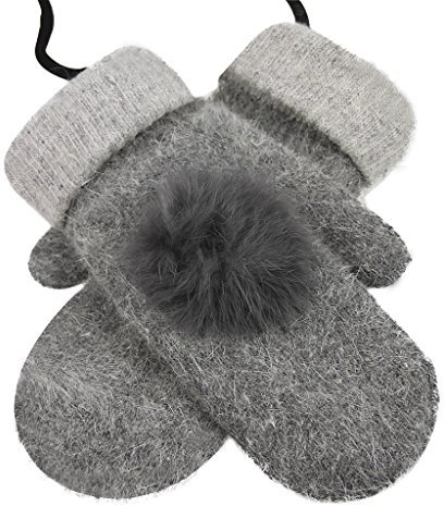 Fäustlinge mit Schnur für Damen Mädchen dicke Winter Warm Handschuhe gestrickt Fleece Futter Winterhandschuhe, Grau, Einheitsgröße
