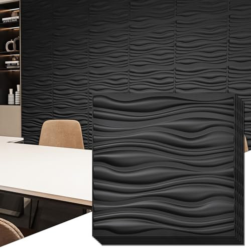Art3d PVC Wave Board strukturierte 3D-Wandpaneele, schwarz, 50 x 50 cm, 12 Stück