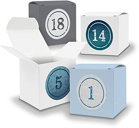 DIY itenga AdventskalenderSet V13 Z01 zum Selberbefüllen 24x Quader Würfel gemischt GRAU WEIß EISBLAU (Kraftkarton) + Sticker