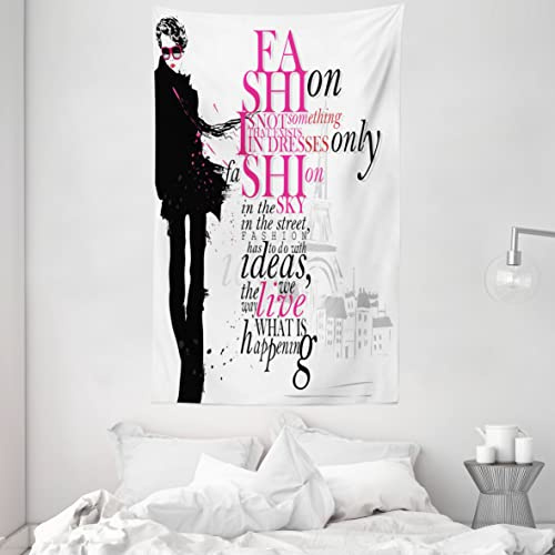 ABAKUHAUS Eiffelturm Wandteppich, Frau in Paris im Herbst Inspirational Words Vogue Theme Kunstdruck, aus Weiches Mikrofaser Stoff Wand Dekoration Für Schlafzimmer, 140 x 230 cm, Schwarz Rosa