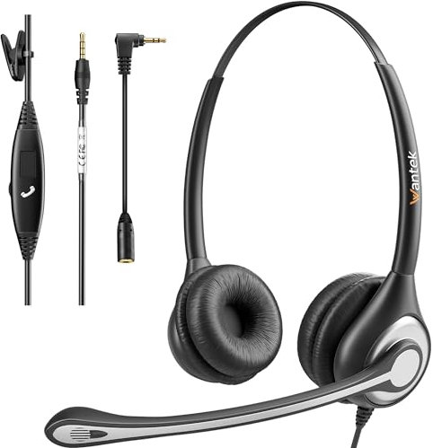 Wantek Headset Handy Binaural mit Noise Cancelling Mikrofon, Smartphone Kopfhörer für iPhone Samsung Huawei HTC LG ZTE BlackBerry Android Mobiltelefon mit 3,5mm Klinkenstecker