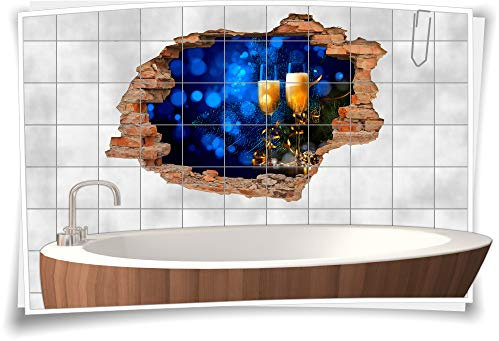 Medianlux 3D Fliesen-Bild Fliesen-Aufkleber Sekt-Gläser Party Feier Schleier Champagner, 75x50cm, 15x20cm (BxH)