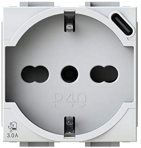 4box P40 USB 3.0, Presa Schuko con USB-C, Compatibile con Bticino LivingLight, Bianca