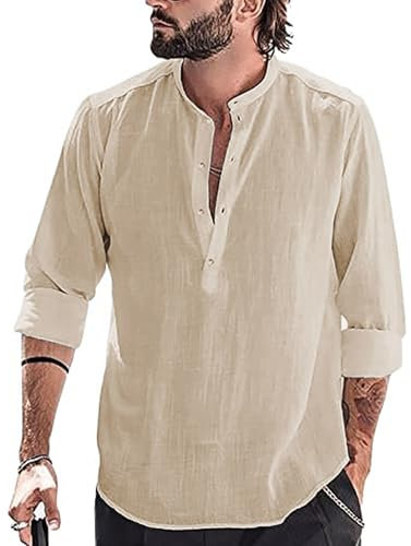 YAOBAOLE Hemd Herren Henley Shirt Hemden für Männer Langarm Sommerhemd Herren Freizeithemd Khaki XL
