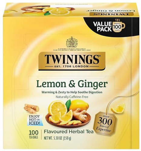 Twinings Lemon & Ginger Herbal Tea Individually Wrapped Bags, 100 Count (Pack of 1), Tangy Lemon, Spicy Ginger, Naturally Caffeine-Free, Enjoy Hot or Iced, 100 Teabags