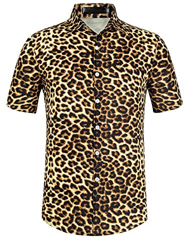 Lars Amadeus Men's Leopard Print Shirt Short Sleeves Button Up Casual Summer Animal Printed Shirts, Leopard Print, XXL
