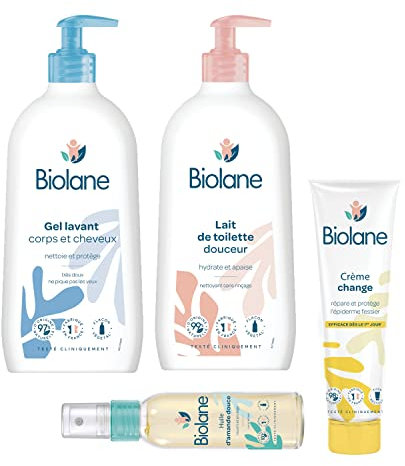 BIOLANE - Kit Toilette et Soins - Bébé - Gel Lavant - Lait de toilette - Crème change - Huile amande douce - Peaux sensibles - Dès la naissance - Fabriqué en France