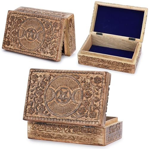 Ajuny Handgeschnitzte Dekorative Schmuckschatulle aus Holz mit Mond Stern und Blumen Schnitzereien Mehrzweck Andenken Aufbewahrungsorganisator Reise Schatztruhe Schmuckhalter Geschenke, 8x5 Zoll