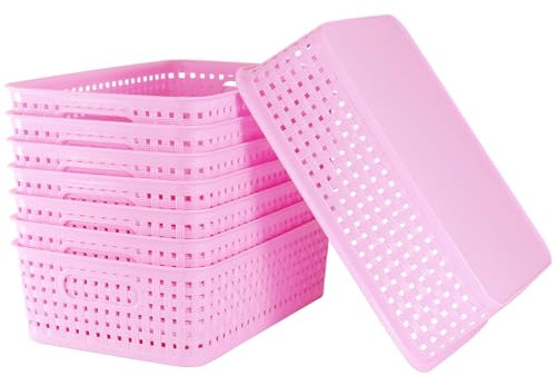 Lot de 8 Bacs, Boites, Caisses de Rangement et Paniers d'Organisation pour Garde-manger, Salle de Classe, Maison, Cuisine, École, Bureau (Rose)