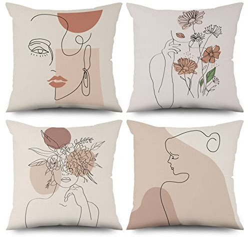 ASDCXZ Kissenbezug Boho 50x50 cm 4er Set, Modern Abstrakt Kunst Linie Mädchen Blume Beige Dekokissen Kissenbezüge Kissenhülle Waschbar Polyester Flachs Textil Polster Kopfkissenbezug Kissen Bezug