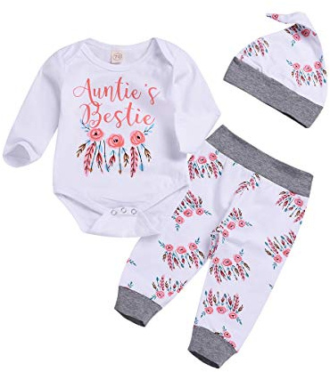 Juflam Baby Mädchen Kleidung Tante Bestie Strampler Top+Floral Pants+Hat 3Pcs Baby Tante Bekleidungssets (0–6 Monate)