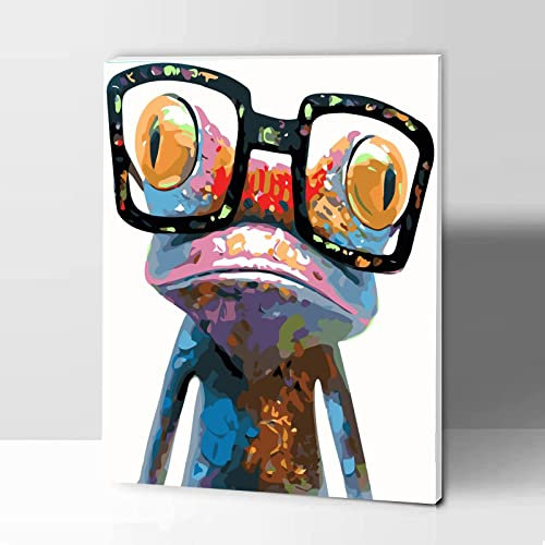 KOMKING Peinture par numéros pour adultes et enfants avec cadre, kit de peinture par numéros pour adultes et enfants, kit de peinture animalière 30,5 x 40,6 cm – Grenouille colorée