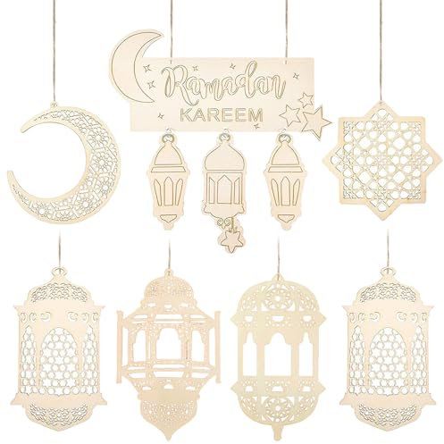 Holz Anhänger Ornament, 7 Stück Ramadan Deko, Ramadan Dekoration, Eid Mubarak DIY Dekoration Anhänger, Halbmond Sterne Ornament für Ramadan Eid Mubarak Dekorationen, Islam Deko