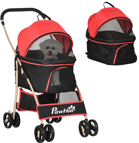PawHut Dog Pram Dog Stroller 3 in 1 Pet Pushchair Detachable Design with Universal Wheels, Brake for Small Miniature Dogs - Red