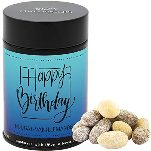Hallingers Happy Birthday - Nougat-schokolierte Vanille-Mandeln handgemacht - fix und fertig als Geschenk (Dose) - Geschenkideen Weihnachten & Geschenke Adventskalender | Geburtstag Glückwunsch Jahres