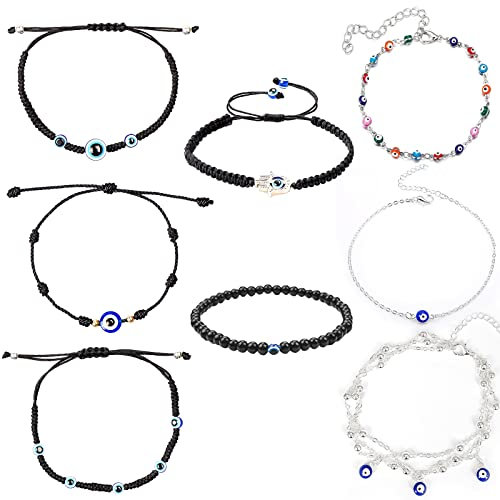 Böser Blick Armband Set, 8 Stück Böser Blick Armbänder, Geflochtene Seil Fußkettchen Größe Einstellbar, Fußkettchen Armbänder Set, Evil Eye Nazar Boncuk Armbänder für Damen Männer