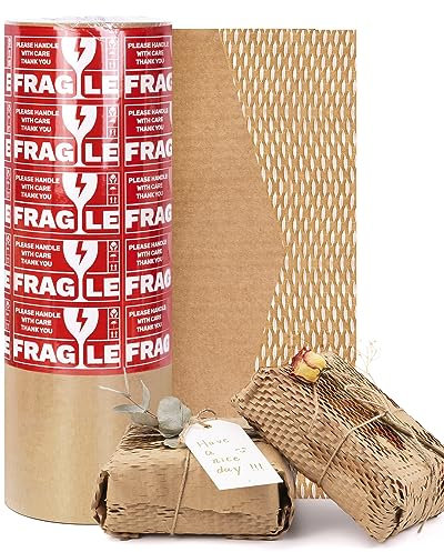 Honeycomb Packing Paper Wrap 15” x 315’, Eco-Friendly Bubble Wrap, Brown Recycled Moving Supplies for Fragile Items, Glassware, Ceramics, Electronics and Decorations Packaged Bouquet