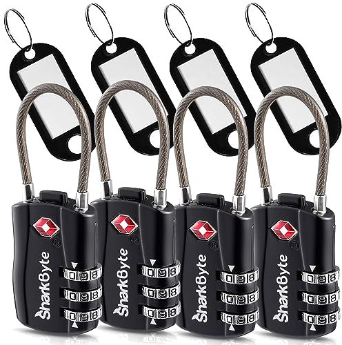 SharkByte TSA Approved Luggage Locks, 3-Dial Security Travel Combination Padlock with Tags, Flexible Cable Wire Travel, Suitcase Locks, Bag, Gym Lock, Small Suitcase Padlock with Code (4 Pack)