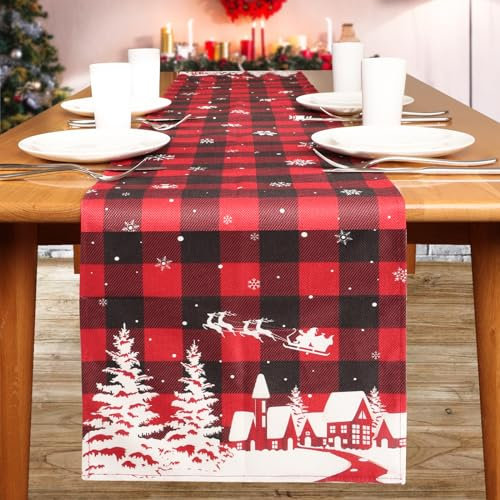 COLOFALLA 183x33cm Tischläufer Weihnachten Weihnachtstischläufer Tischläufer Rot Schwarz Kariert aus Jute Schneeflocken Tischband Tischdecke Tischdeko Weihnachtsdeko Tisch Winter Esstisch Deko