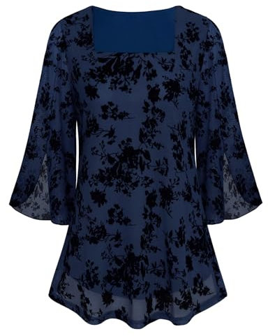 Three Quarter Sleeve Tops, Womens Square Neck Chiffon Blouse Ladies Lace Tops Elegant Flowy 3/4 Sleeve Blouse Women Longline Tops Womens Wedding Guest Dressy Tops