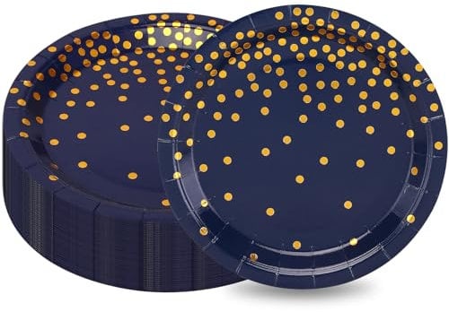 CEILWIEN Lot de 50 assiettes en carton bleu marine avec pois dorés pour fête d'anniversaire