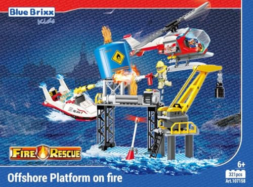BlueBrixx Kids 107158 – Stadtfeuerwehr: Offshore-Plattform in Brand aus Klemmbausteinen mit 321 Bauelementen