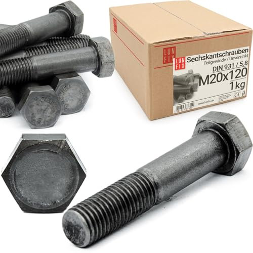 Sechskantschrauben M20 x 120 DIN 931 1 kg (ca.3 Stk.) Teilgewinde,Klasse 5.8,unverzinkter Stahl Gewindeschrauben mit sechseckigem Kopf,6 Kant Maschinenschrauben mit Schaft,Teilgewindebolzen
