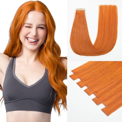 HotLulana Tape Extensions Echthaar Orange Skin Weft Extensions Echthaar 100% Colored Soft Natürliche Echthaar Extensions Tape Ins Gerade Invisible Tape Extensions 10stück 25g 20zoll/50cm.