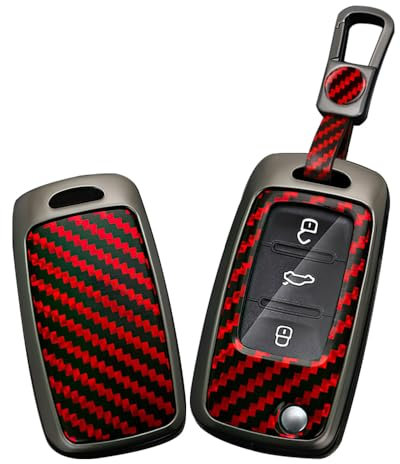 TECART Klapp Autoschlüssel Hülle Cover Passt für VW Caddy Jetta Bora Beetle EOS Golf 4 5 6 Polo Passat 3BG 3B Scirocco Touran PVC Schlüsselanhänger Keyless Go Schutz 3 Taste Kohlefaser B Rot
