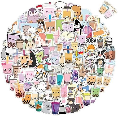PULABO Kaffee-Tee-Aufkleber, 105 Stück, Sommer-Getränk-Dekor, niedliches Faultier, Liebe, Milch, Boba-Tee-Dekorationen, Kawaii-Zubehör für Laptop, Fenster, Wasserflasche, Kühlschrank, Gitarre, Gepäc