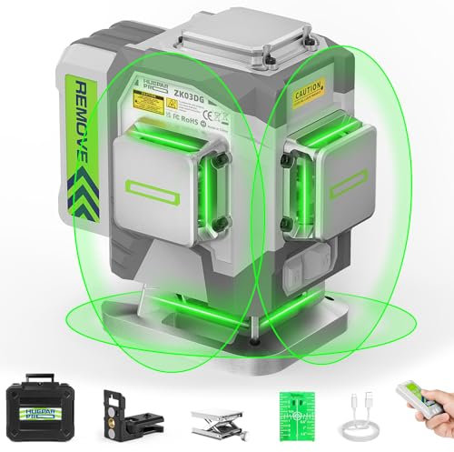 Huepar Pro Niveau Laser Autonivelant 3x360°, Laser Chantier Extérieur en 3D Vert Pour la Construction, Batterie Rechargeable 8000mAh, Télécommande, Support Magnétique et Mallette ZK03DG-S