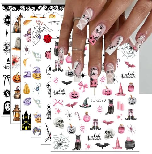 JMEOWIO 12 Sheets Halloween Nail Art Stickers Decals Self-Adhesive Cute Heart Nail Supplies Nail Art Design Decoration Accessories