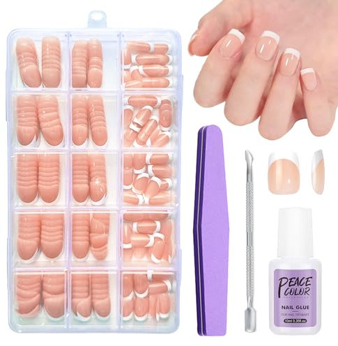 French False Nails with Glue - 240Pcs Square Press On Nails Short - Fake Nails White Tip French False Nail Kit - Full Cover Stick on Nails for Women Girls French Nail Art