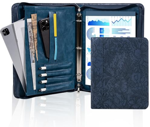 AZXCG Geprägtes Padfolio für Damen, Reißverschluss-Padfolio mit 3-Ringbuch, Business-Portfolio-Organizer für Frauen mit A4-Schreibblockhalter, Leder-Portfolio-Ordner für Geschäft, Schule, Arbeit