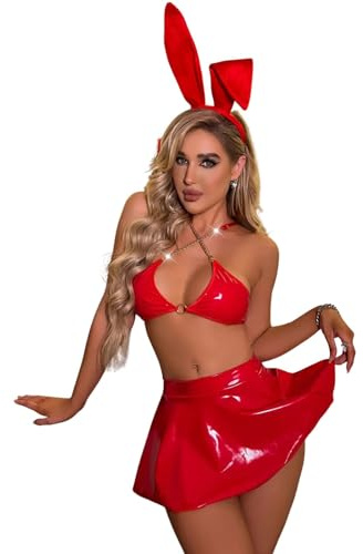 ROSVAJFY Bunny Kostüm Damen Sexy Lackleder Cosplay Dessous Set für Anime Bunny Girl Halloween Party, Karneval Rollenspiel Unterwäsche Rave Outfit Festival Clubwear BH+Miniröcke+G-String+Stirnband